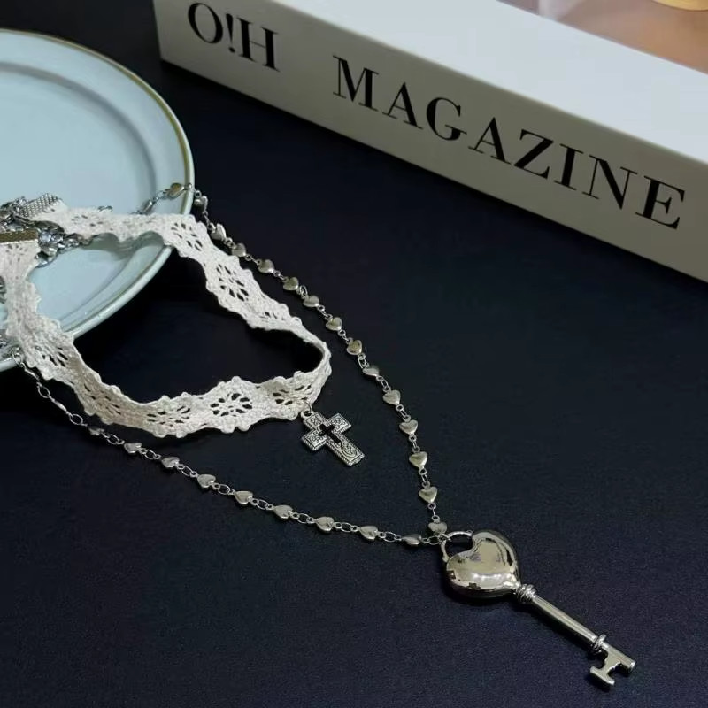 Y2K White Lace Cross Strap Key Choker Double Layer Necklace Women Jewelry