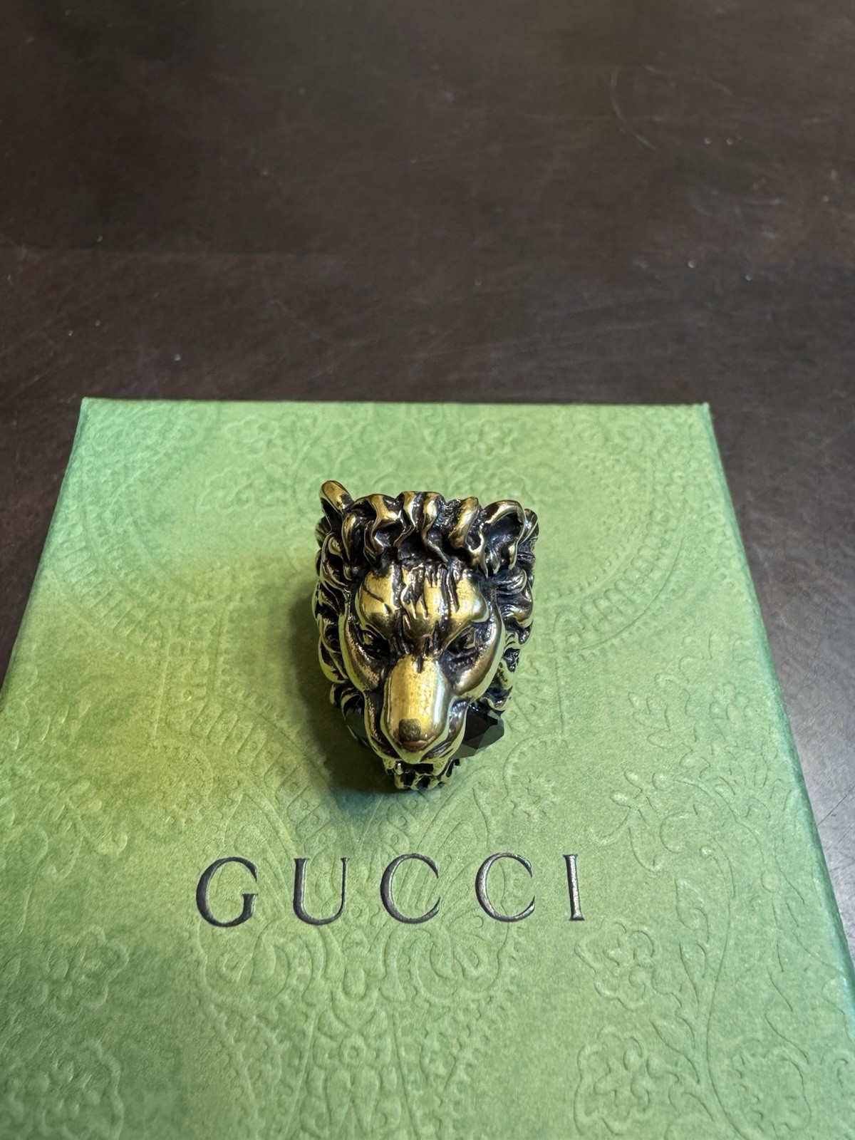 New Authentic Gucci Lion Head Ring Black Stone Size IT 13 / US 6.5