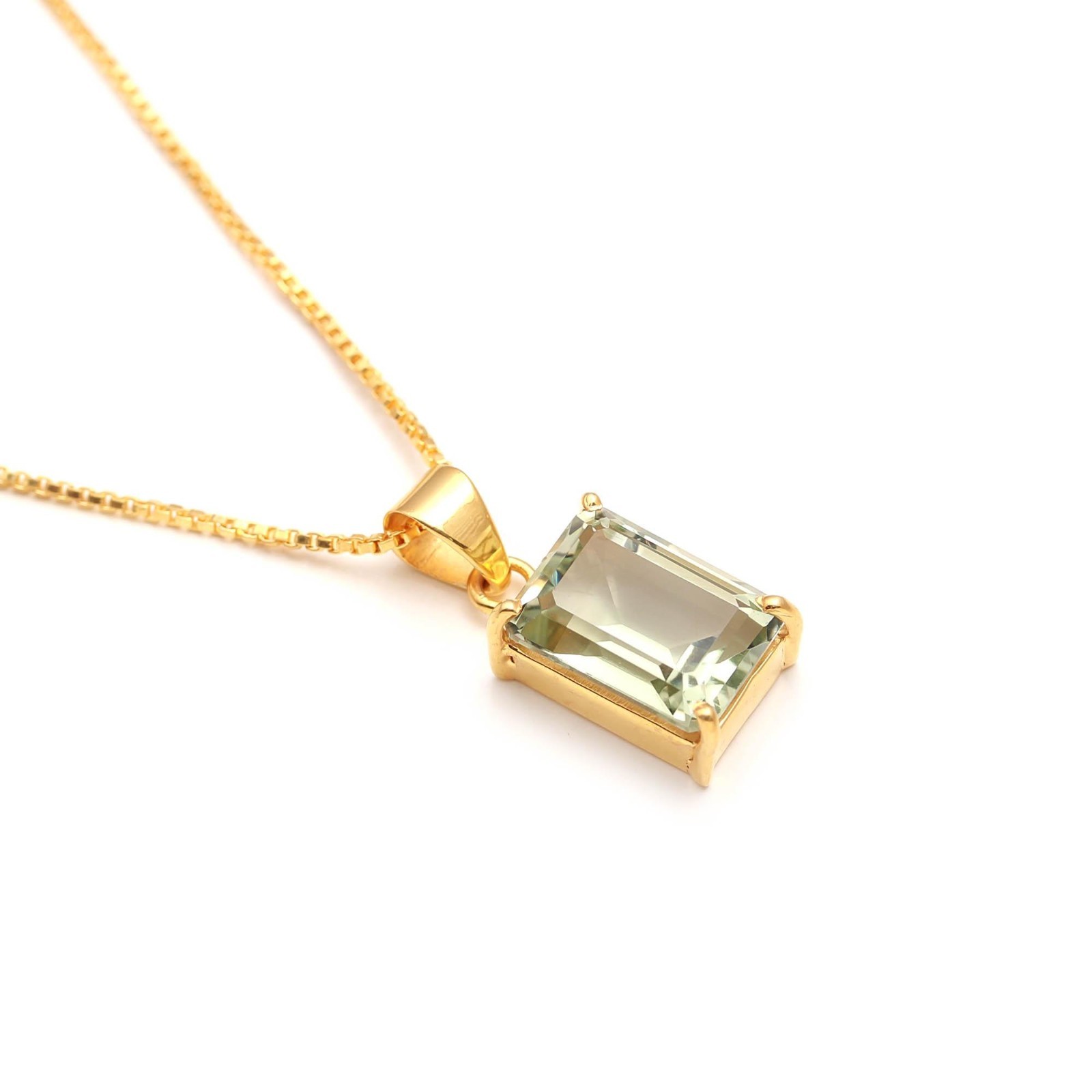 Natural Green Amethyst Octagon Necklace Gold Plated 925 Sterling Silver Jewelry
