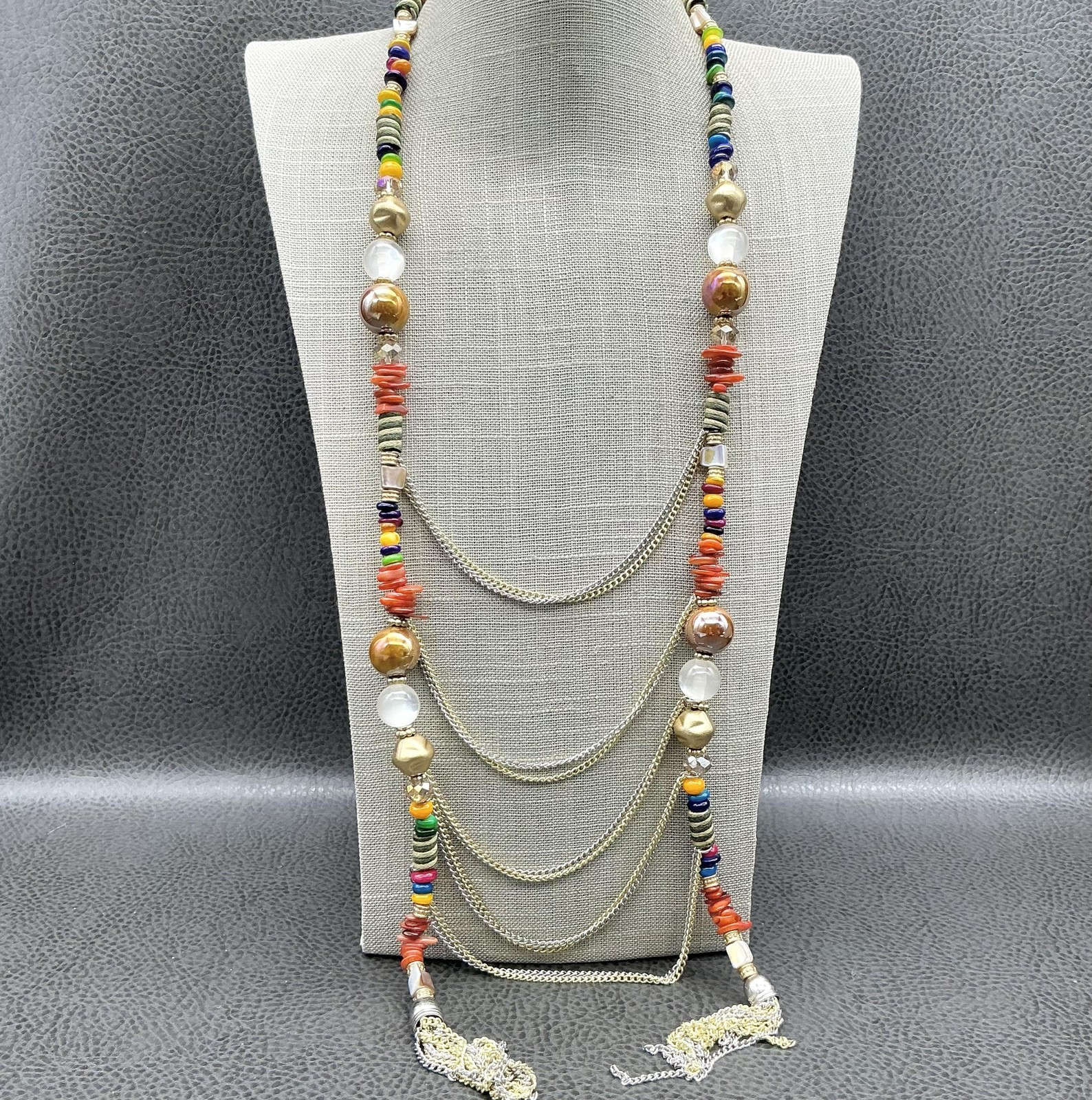 Jessica Simpson Necklace Multi Strand Bead Women Gold Tone Chain Colorful Boho