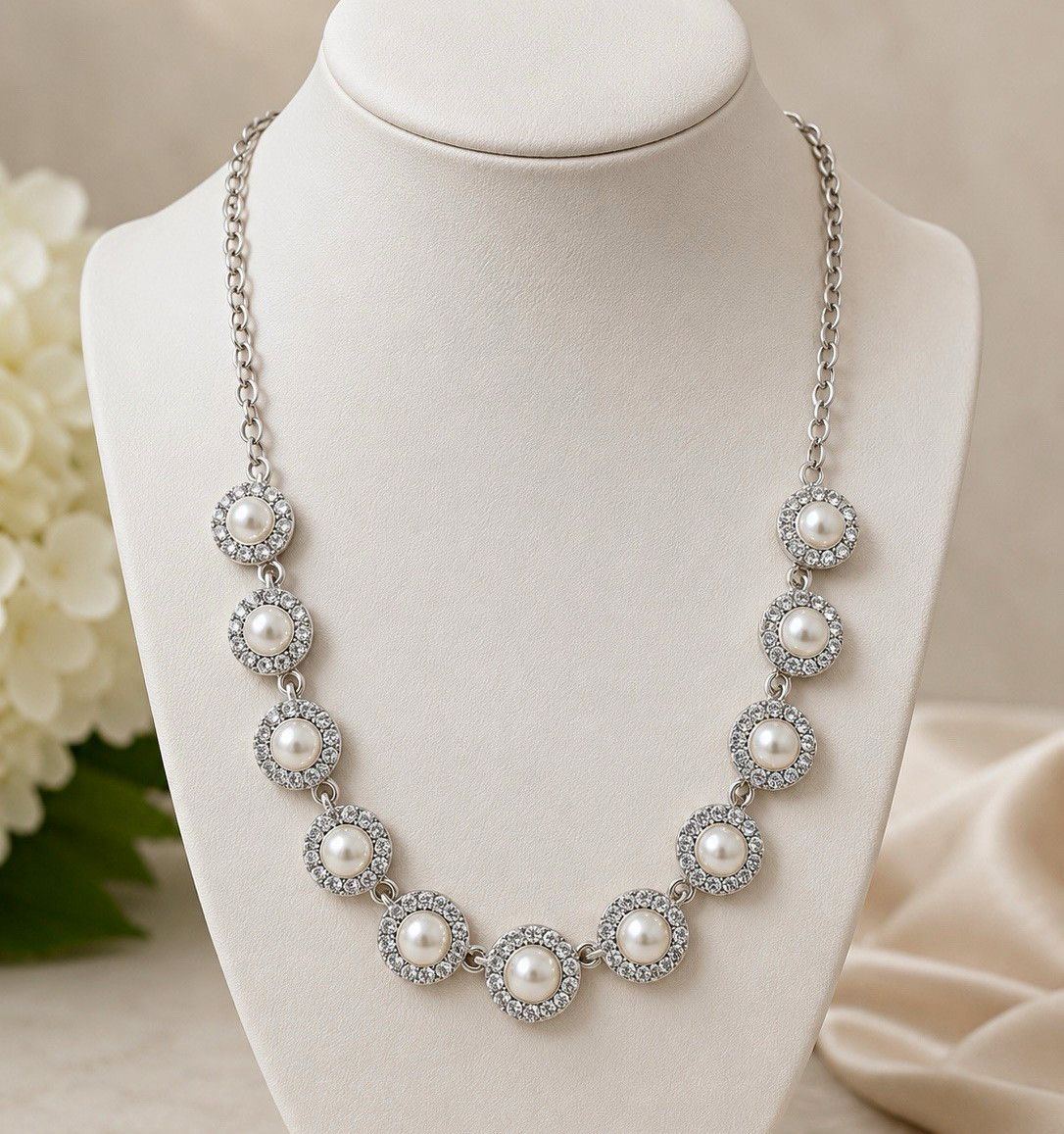 Silver Tone Faux Pearl & Rhinestone Statement Necklace Bridal Wedding Prom