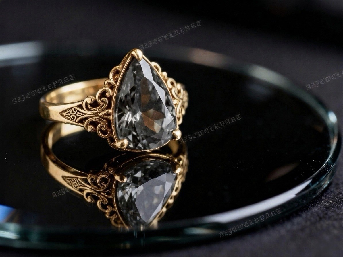 Pear Cut Grey Spinel Ring 925 Sterling Silver Women’s Engagement Ring.