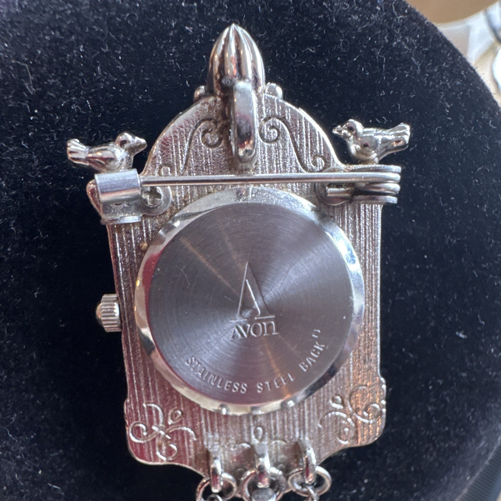 Avon Signed Silver Tone Clock Brooch Pin w/ Clear Crystal Dangle Charms