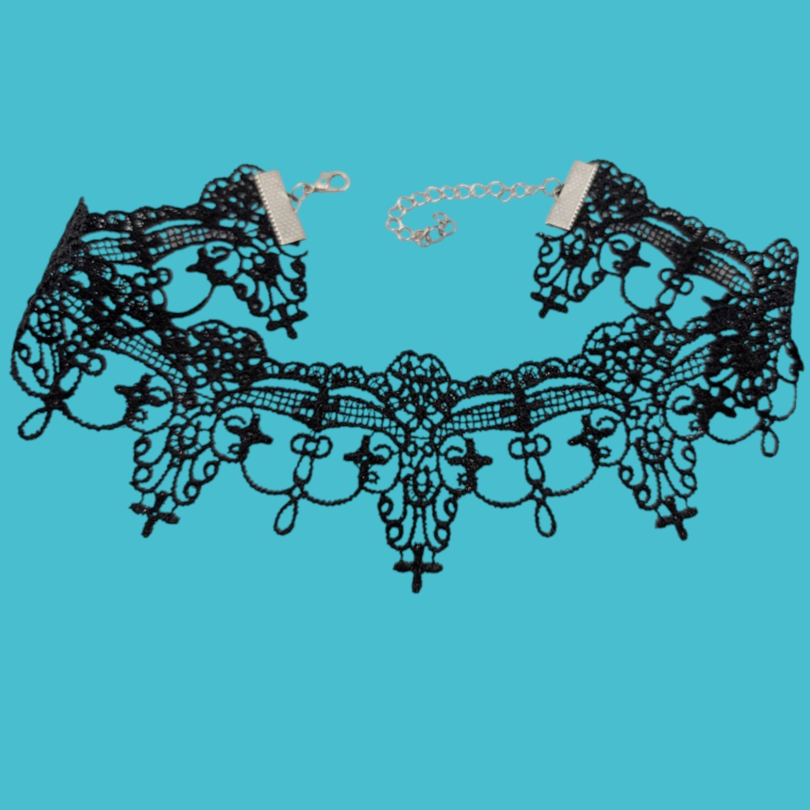 BLACK GOTHIC LACE CHOKER whimsigoth fairycore delicate cross necklace 13-15″ I1
