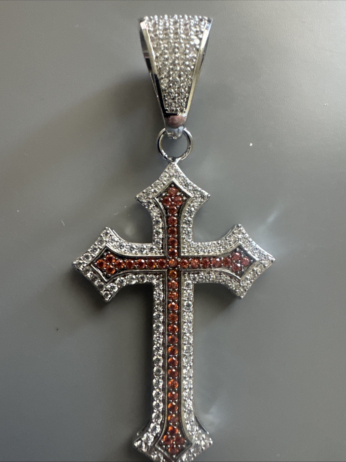 Silver Plated Red Cubic Zirconia Cross Pendant 24” Necklace Unisex Hip Hop