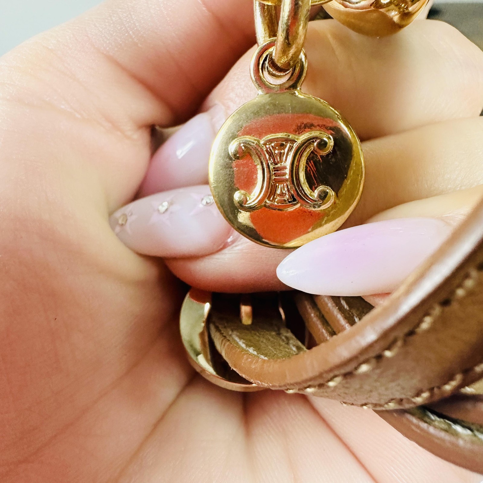 Celine Brown Leather Double Wrap Chain Bracelet Gold Tone Triomphe Logo Charm