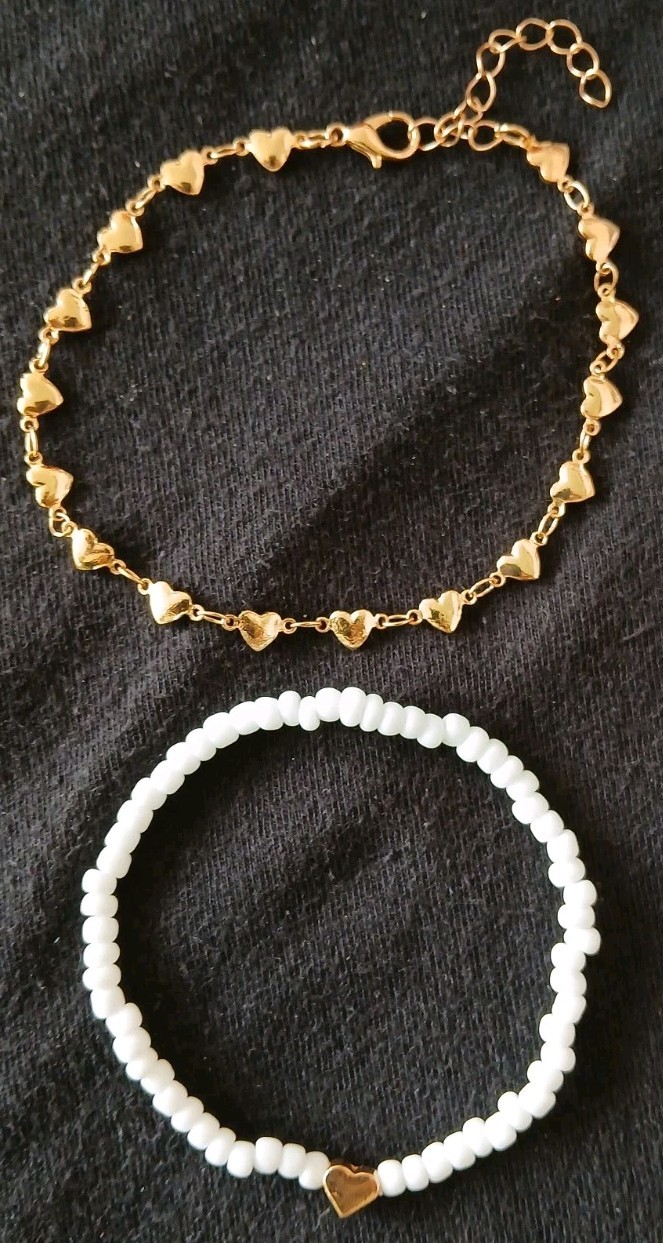 Set Of 2 Anklets Gold Tone Heart Charm Cable Chain & White Elastic Round Beads