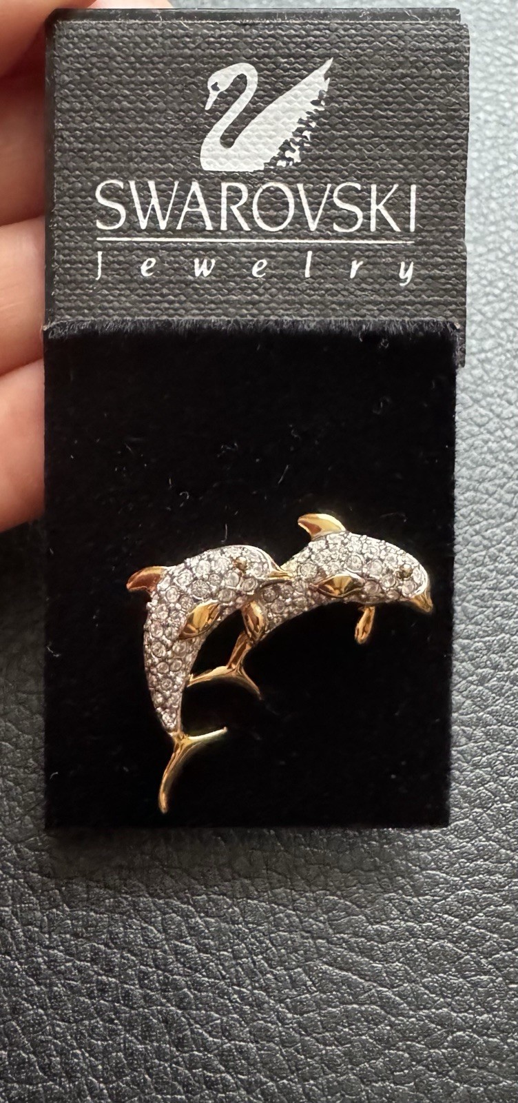 Genuine Swarovski dolphins Pin/Brooch, Gold Tone Plated 2.8cm x 2.5cm