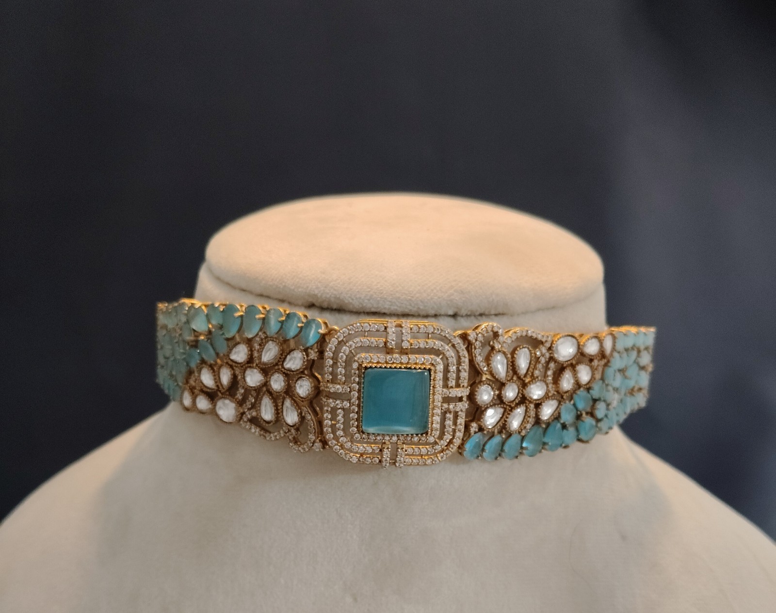 Nida Modest Aqua Blue Contemporary Kundan Choker Set with Earrings Roz Jewellers