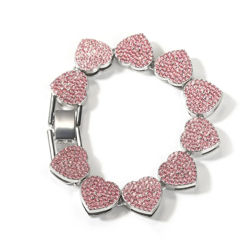 Silver-Tone Pink Austrian Rhinestone Heart Link Tennis Bracelet 13mm