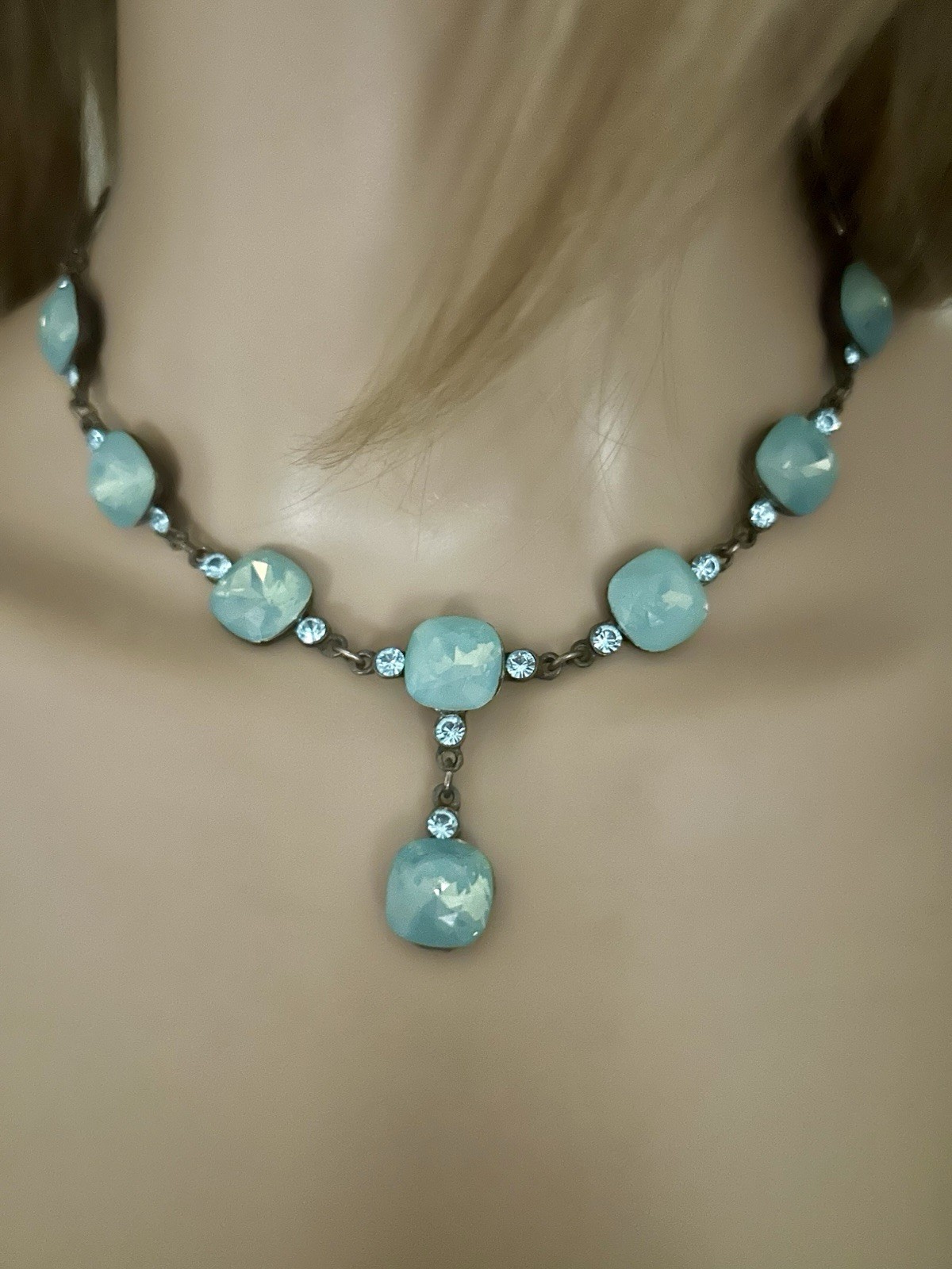 Swarovski Turquoise Aqua Opal Crystal Drop Necklace Gorgeous!