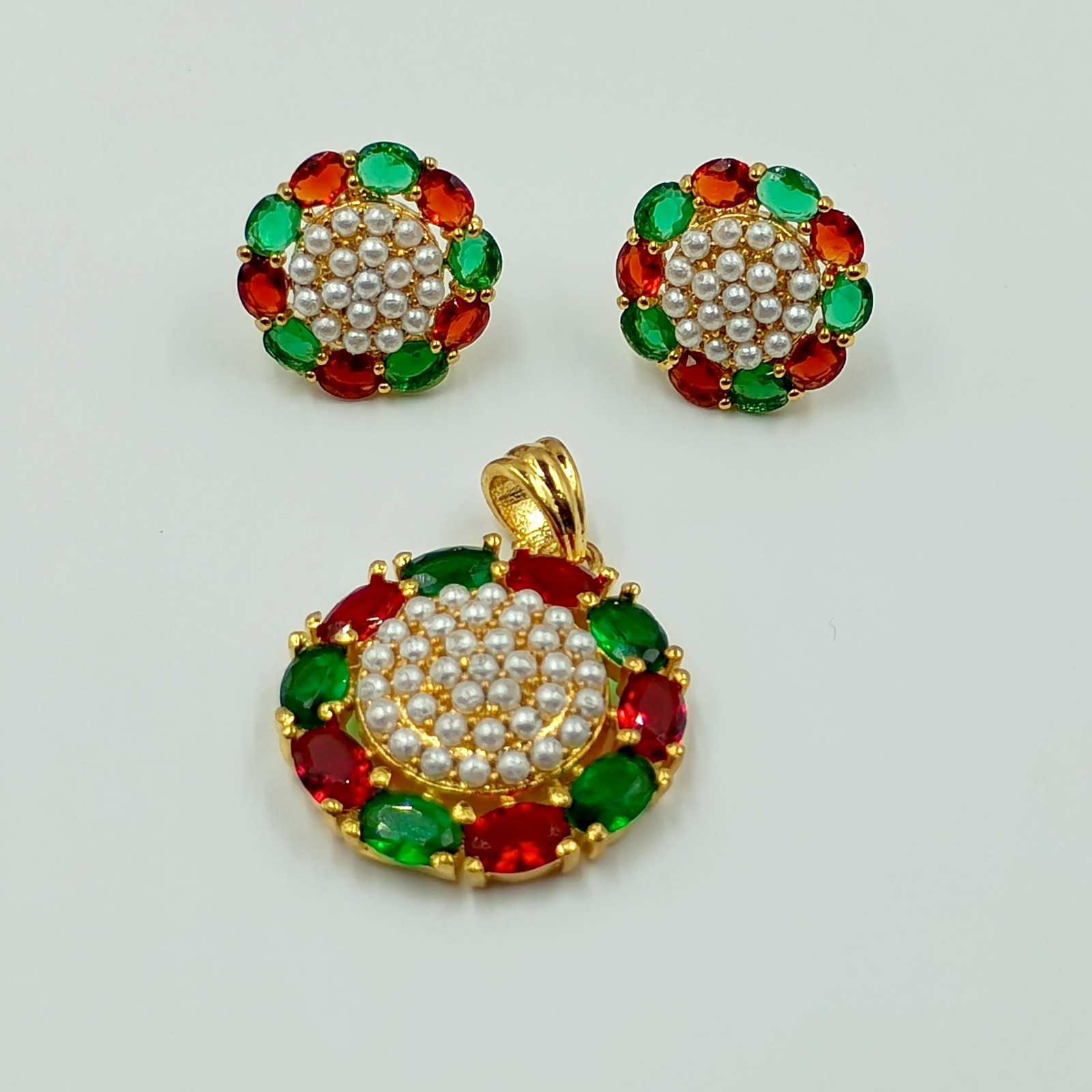 Ruby Emerald Pearl Pendant Studs 22k Gold Plated South Indian Wedding Bridal