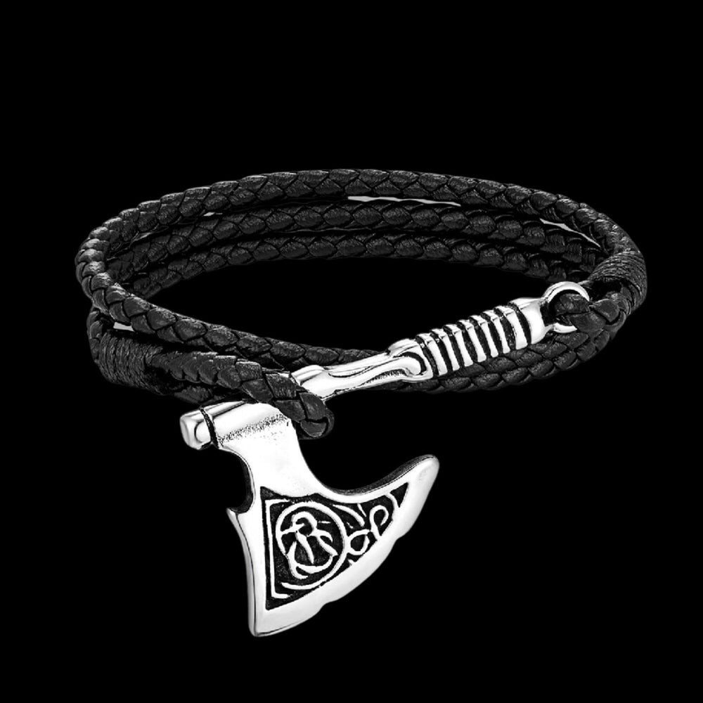 Viking Axe Leather Bracelet Men Stainless Steel Punk Vintage Wristband Charm Gif