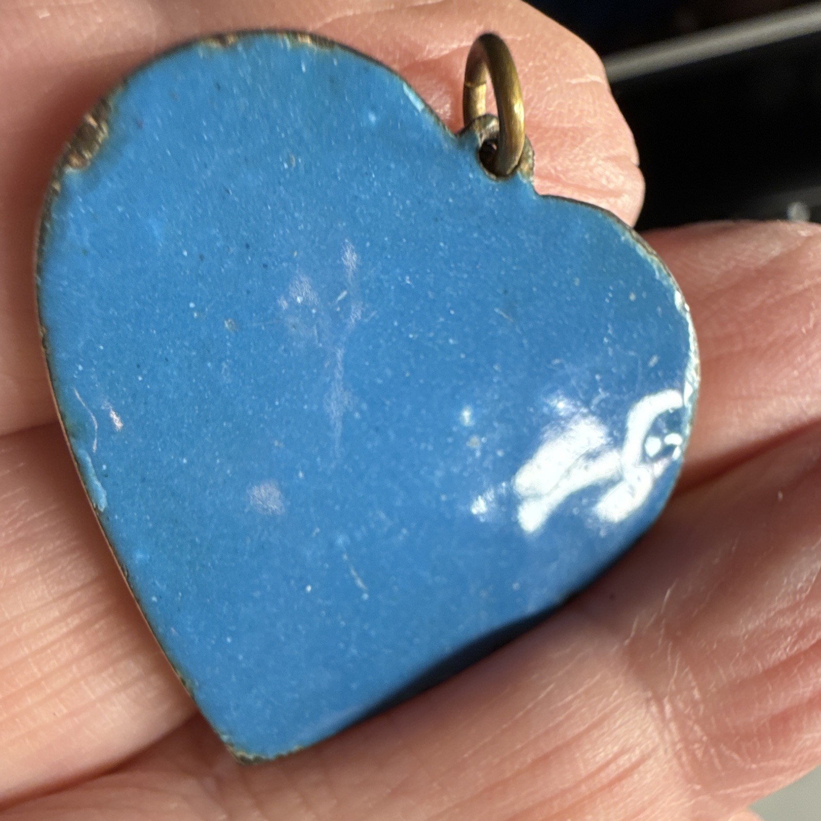 Blue Enamel Heart Charm Pendant Floral Design Gold Tone Jump Ring No Stone