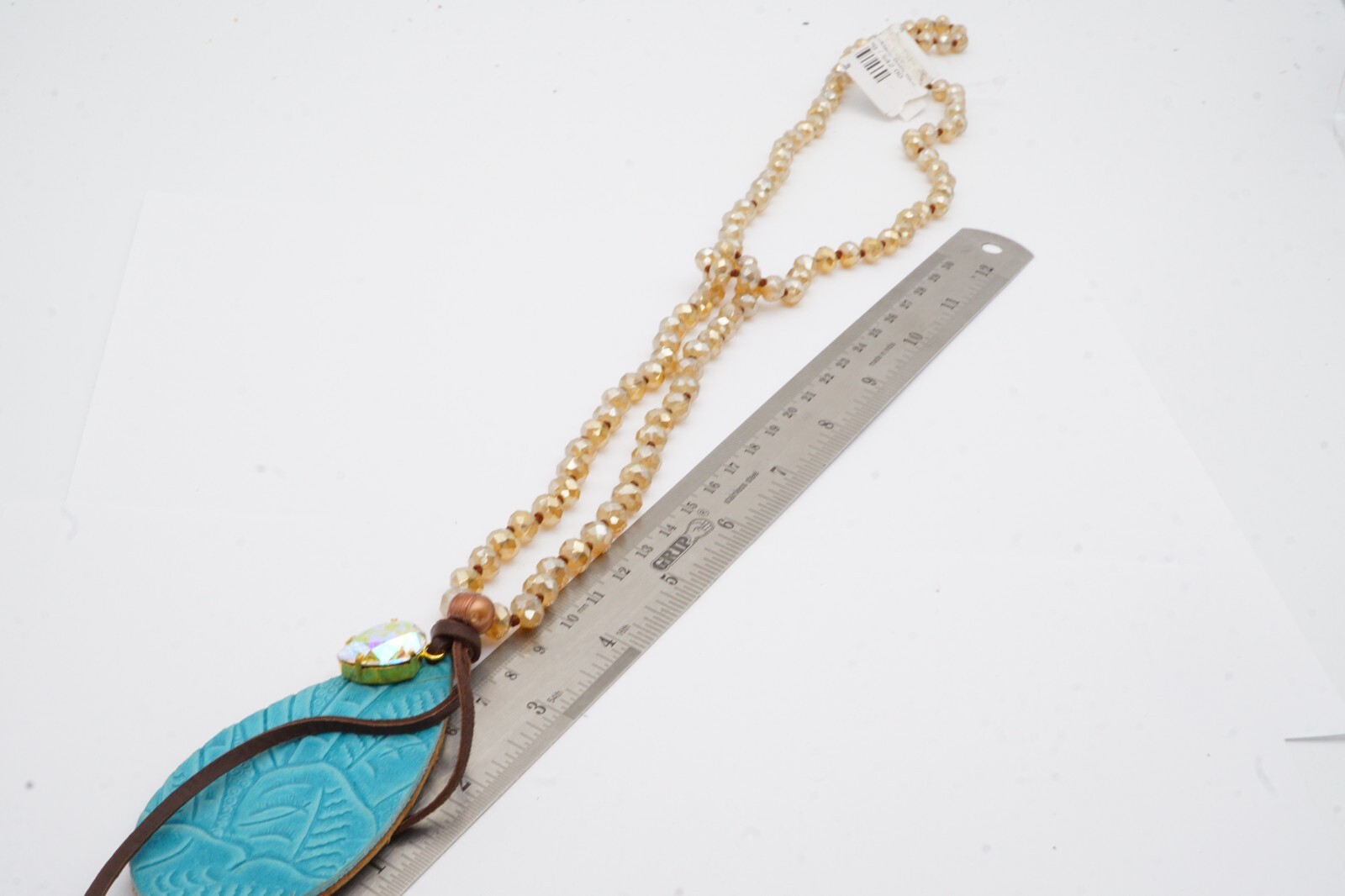 Sandra Ling Necklace Gold Tone Crystal Glass Bead Leather 36″