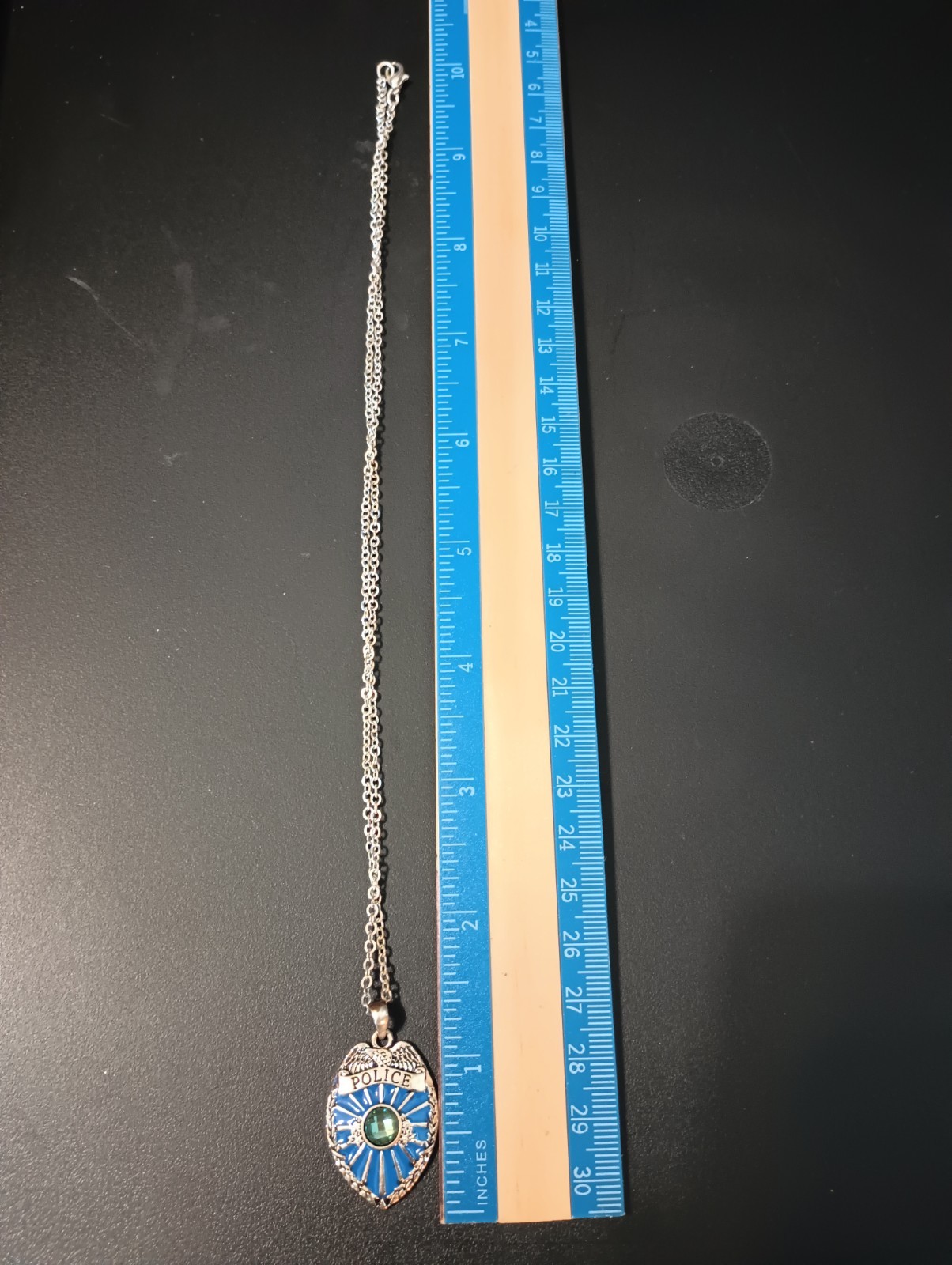 Police Badge Pendant Necklace. Aquamarine Colored Stone In Center