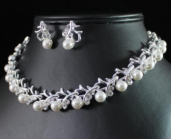 FLORAL BRIDAL CLEAR AUSTRIAN RHINESTONE FAUX PEARL NECKLACE EARRINGS SET N1346