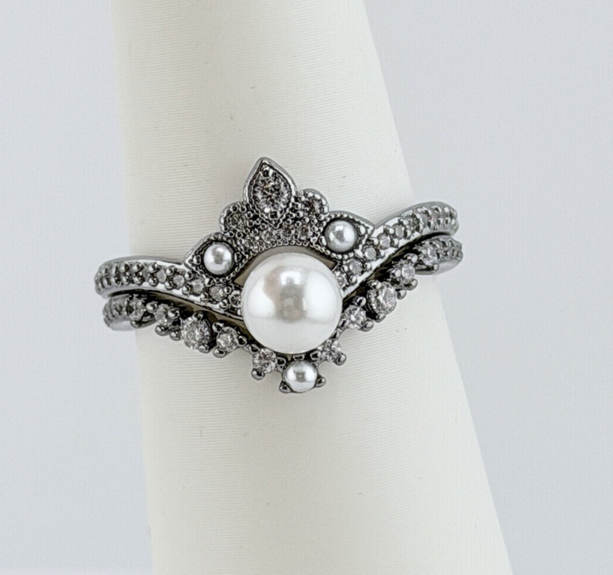 Bomb Party June Ring Sz 10 “The Crowned Tiara” Ceramic Pearl on Hematite RG43200