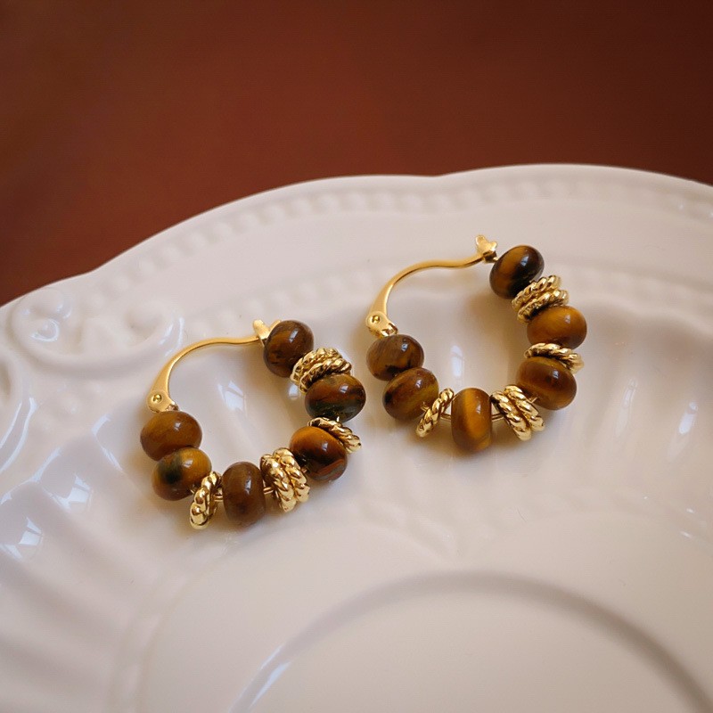 1 Pair Vintage Tiger Eye Stone Hoop Earrings Elegant Ear Clips Statement Jewelry