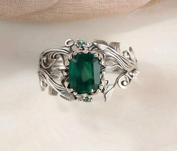 Stainless Steel Statement Ring with Green Emerald Stone