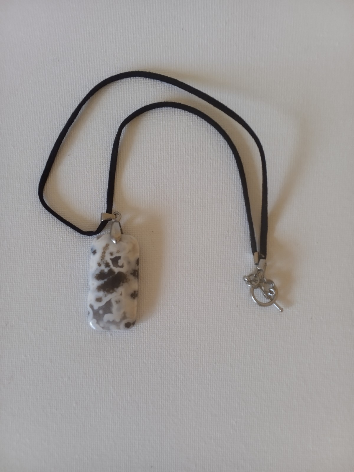 Black Cord Necklace Rectangular White & Gray Speckled AgateStone Charm Pendant