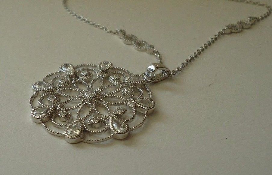 CIRCLE FLOWER DESIGN NECKLACE W/ LAB ACCENTS / WHT GOLD OVER 925 STERLING SILVER