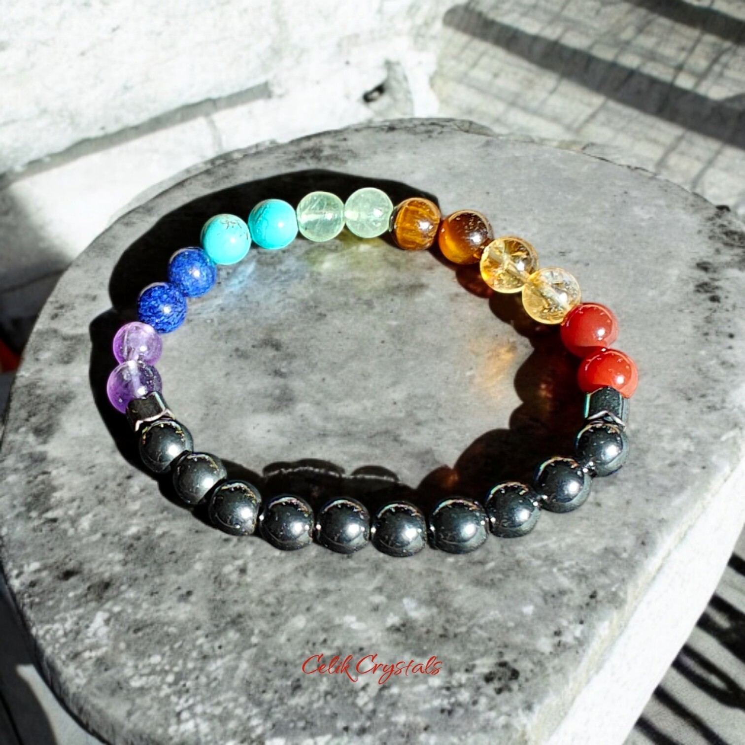 Real 7 Chakra Bracelet Natural Stones & Hematite 8mm Unisex