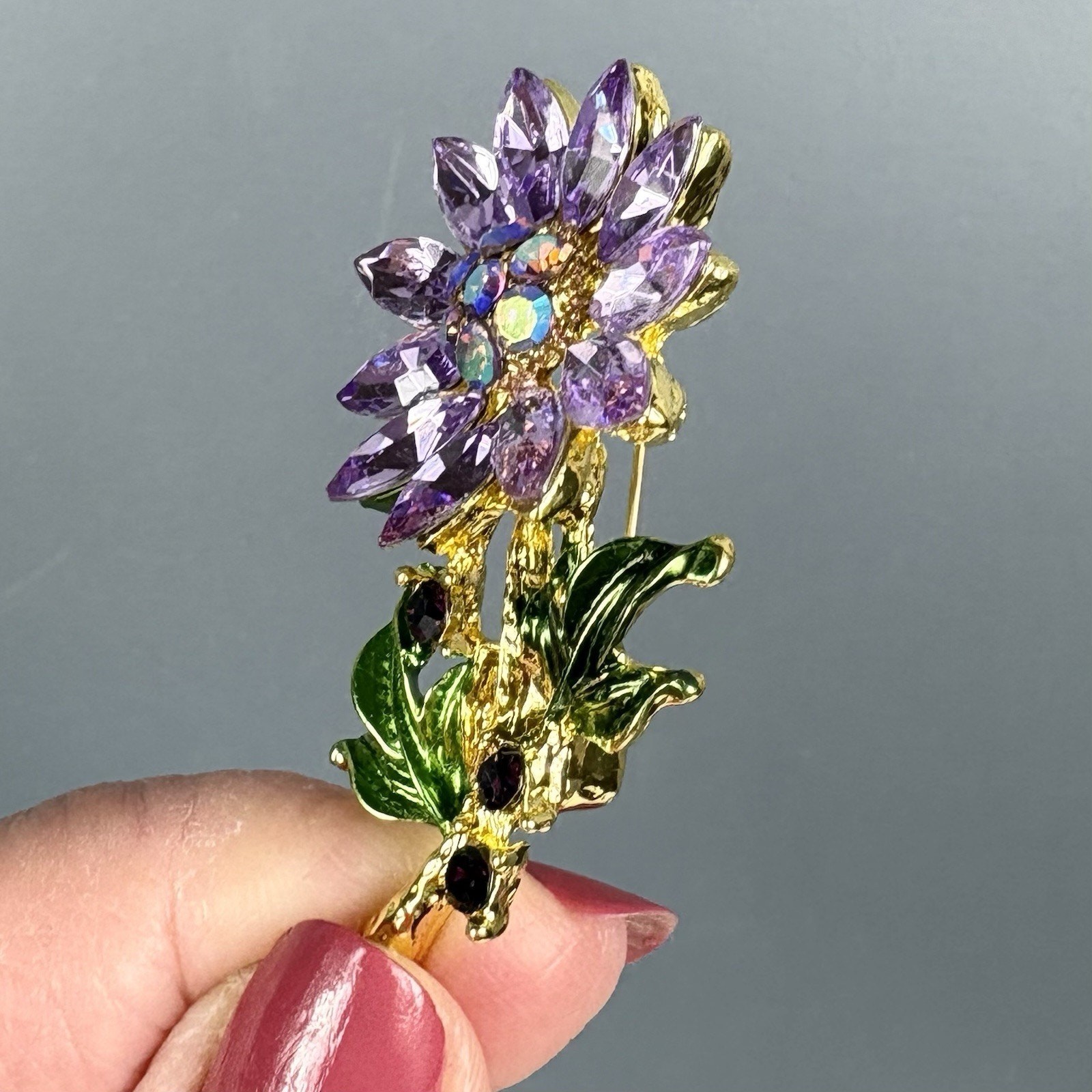 Purple Rhinestone Flower Pin Brooch Green Enamel Leaves Vintage Inspired