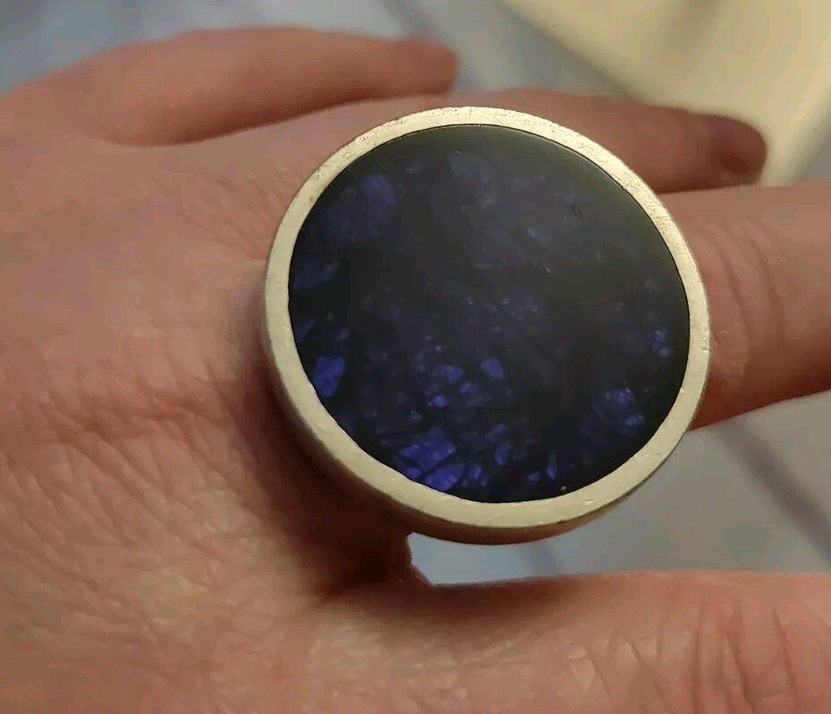 Silvertone Blue Disc Stretch Ring One Size Adjustable