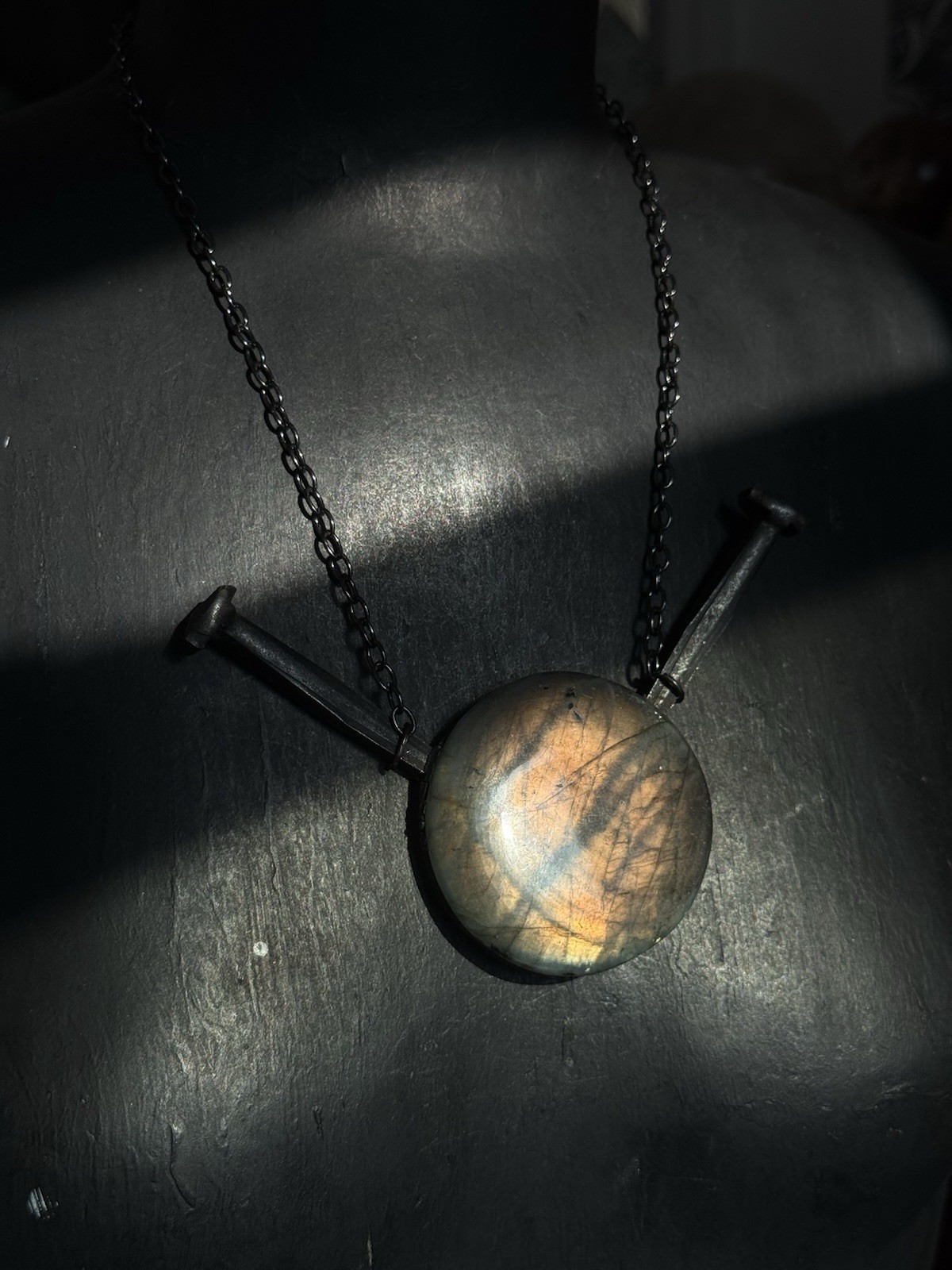 Labradorite and coffin nail statement crystal necklace gunmetal chain goth jewel