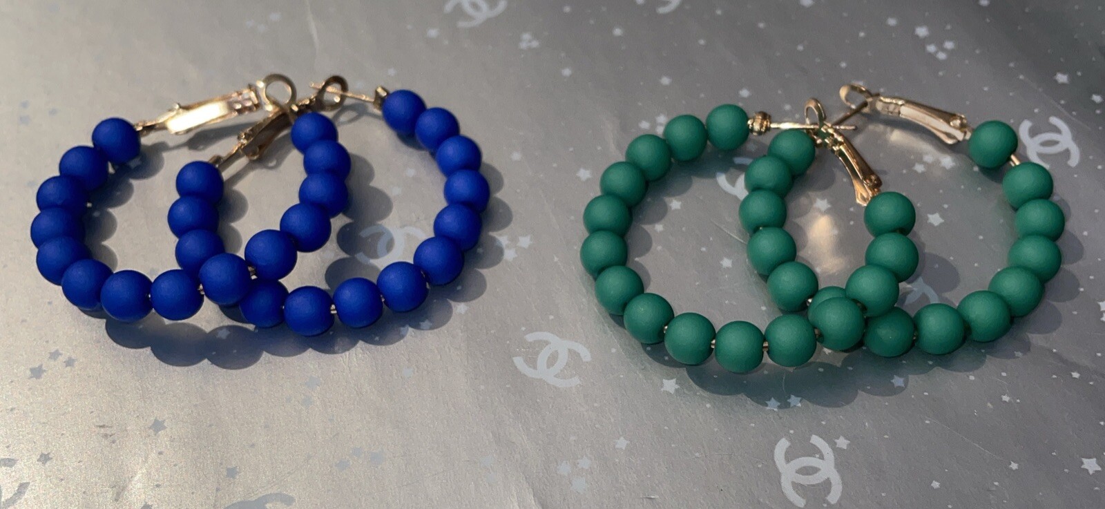 Earrings Lot 2 Pair Beaded Hoop Pierced Blue & Green Beads Dangle Approx. 1.5”