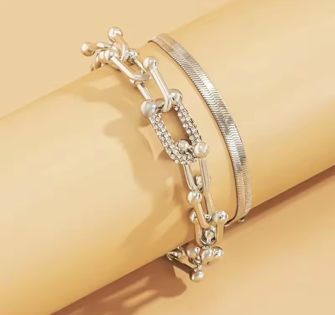 2 Pcs/ Set Bracelet Bangle Chain Charm Cuff Silver Plated with zirconia