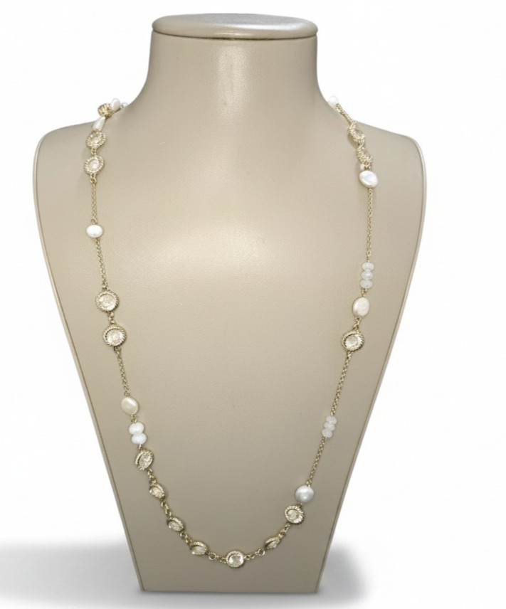 Tommy Bahama Women’s Gold Tone Clear Stone & Pearl Station Necklace NWT