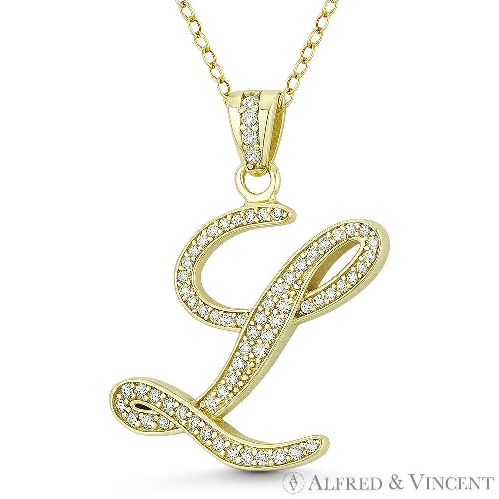 Initial Letter “L” Cursive Script CZ Crystal .925 Sterling Silver 14k GP Pendant