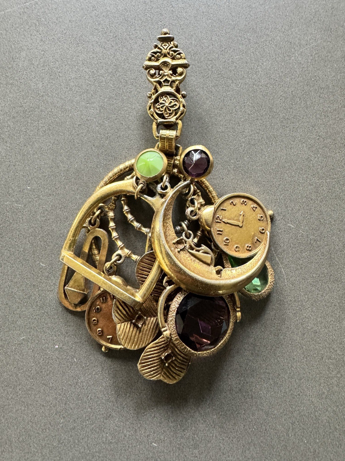 VTG ART Large Pendant/belt Charm Clip Clover Moon Clock Green Purple