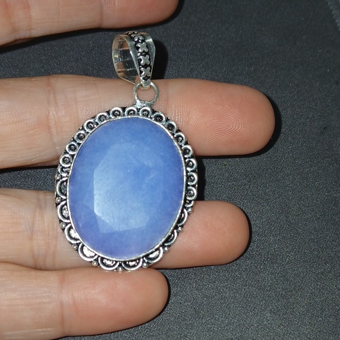 925 SS Simulated Blue Sapphire Pendant Charm Bezel Setting Handmade In India