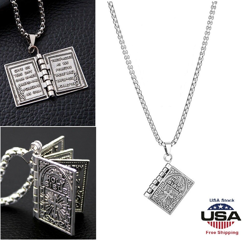 2× Stainless Steel Silver Bible Open Pages Pendant Unisex Necklace Lord’s Prayer