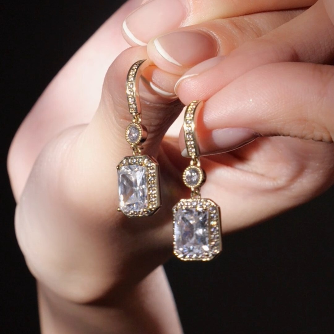 Gold simulated diamond stud elongated octagon drop dangle 925 silver earrings
