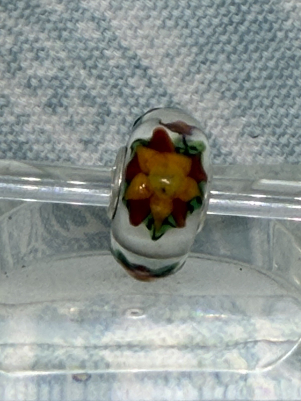 Authentic Trollbeads OOAK Yellow Star Flowers & Green on White CC, New (117)