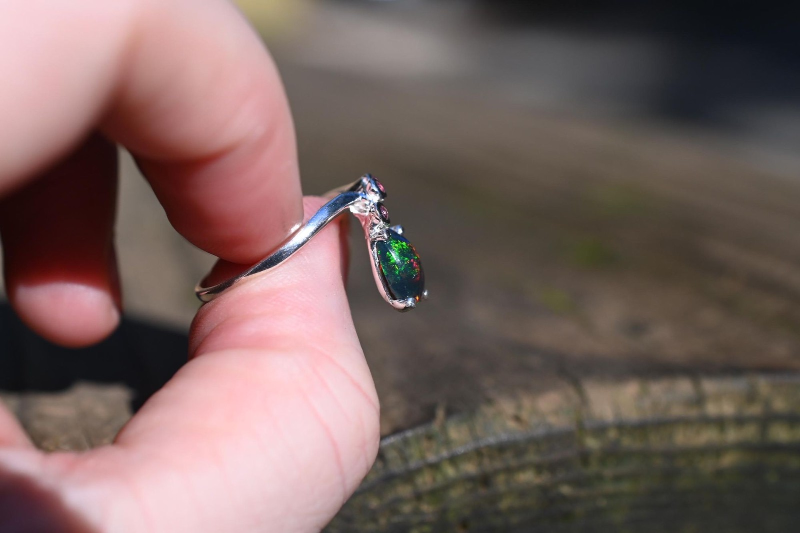 Black opal and garnet in sterling silver size 7, 7.35 7.5, 7.75, 8