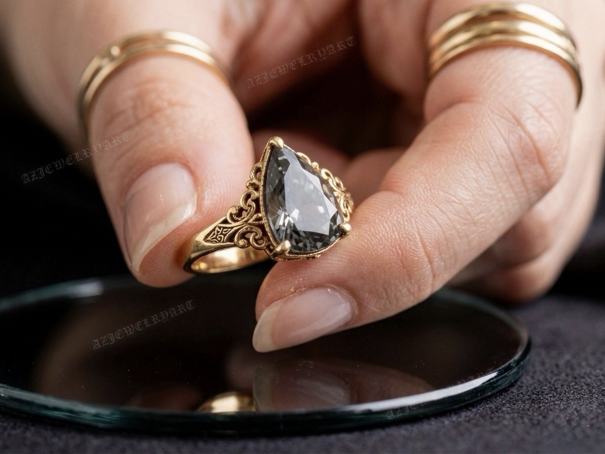 Pear Cut Grey Spinel Ring 925 Sterling Silver Women’s Engagement Ring.
