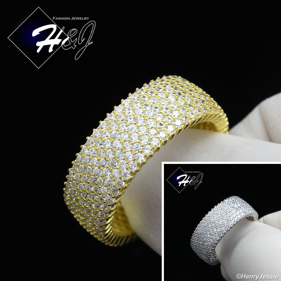 MEN WOMEN 925 STERLING SILVER ICY FULL CZ 8MM GOLD PLATED/SILVER WEDDING RING*62