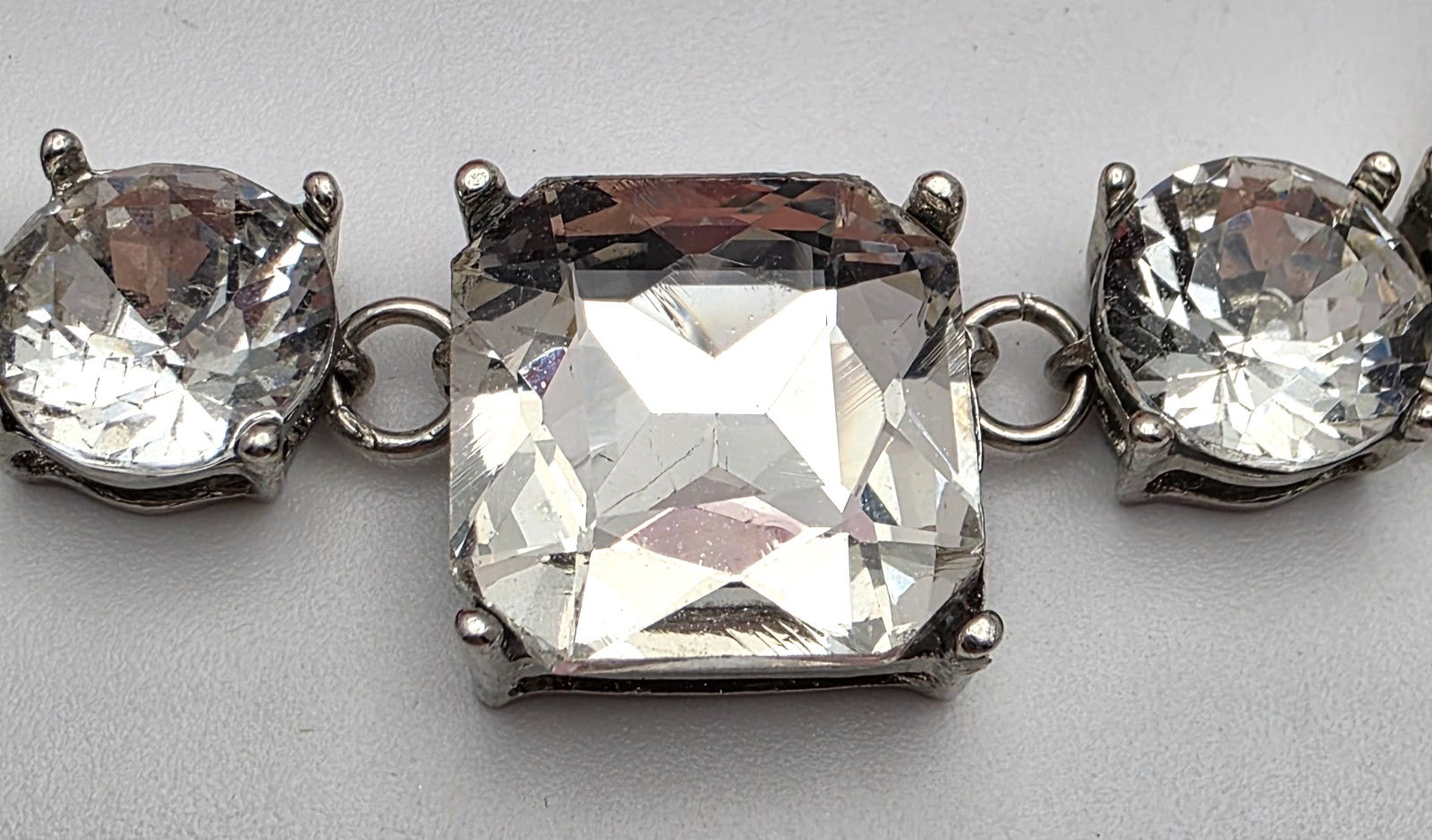 Express Silver Tone Clear Crystal Bib Necklace, Square Teardrop Statement 19 in