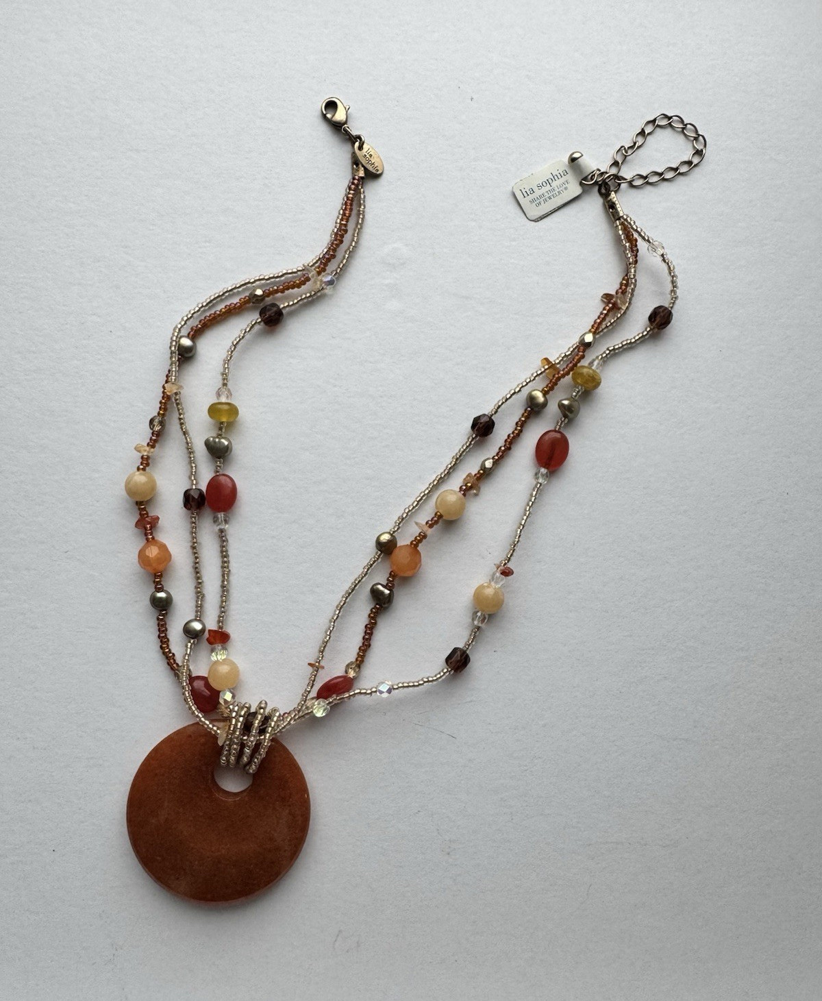 lia sophia Multi-Strand Beaded Round Charm Pendant Necklace Brown Adjustable