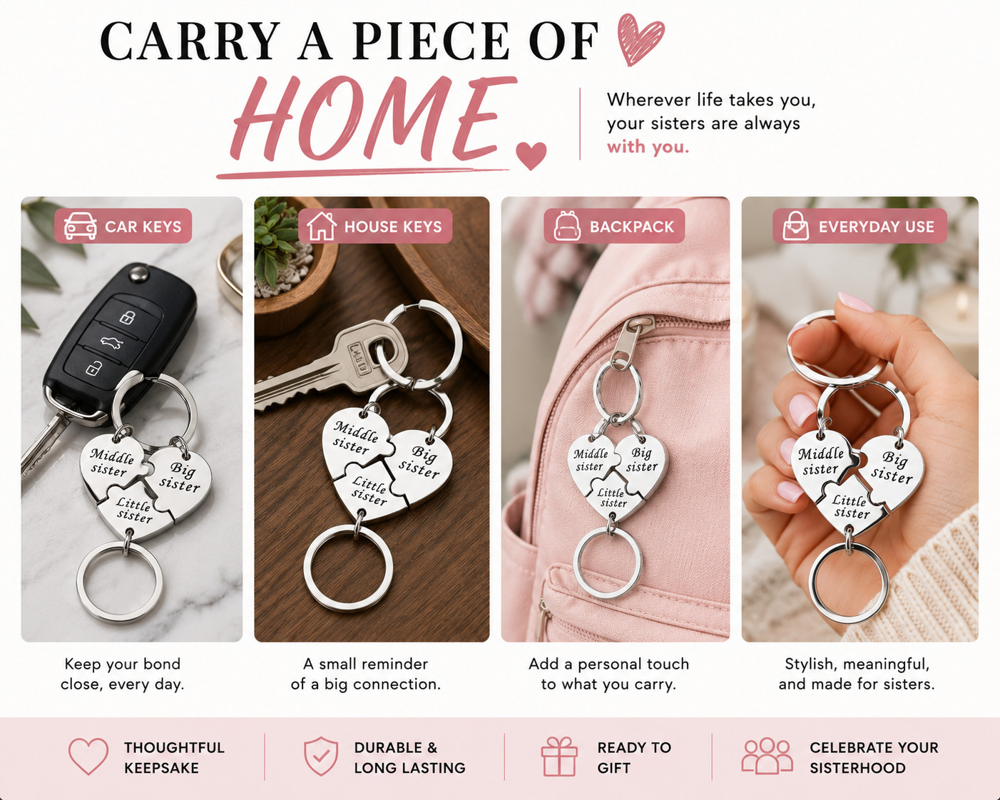 3PCS Sister Puzzle Heart Keychain Set Big Sister Middle Sister Little SisterGift