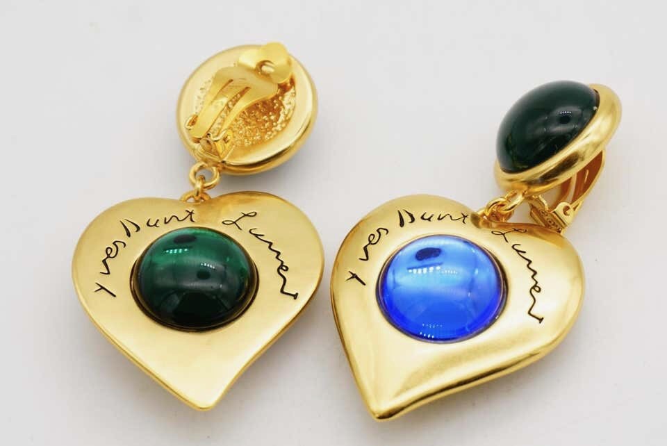 Yves Saint Laurent YSL Gripoix Emerald Sapphire Heart Logo Double Drop Earrings