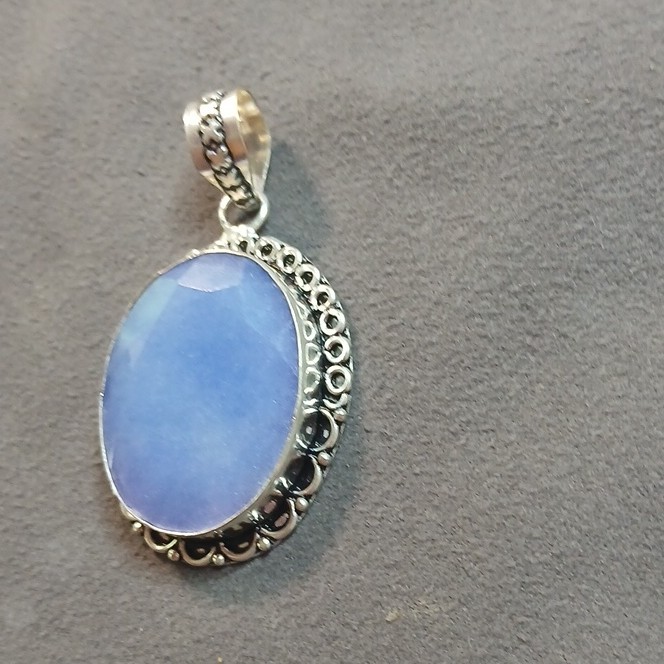 925 SS Simulated Blue Sapphire Pendant Charm Bezel Setting Handmade In India