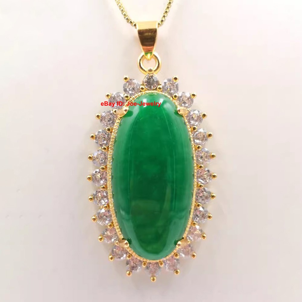 Yellow Plated Alloy Heated Oval Green Jade Pendant Vintage Chinese Style 48mm H