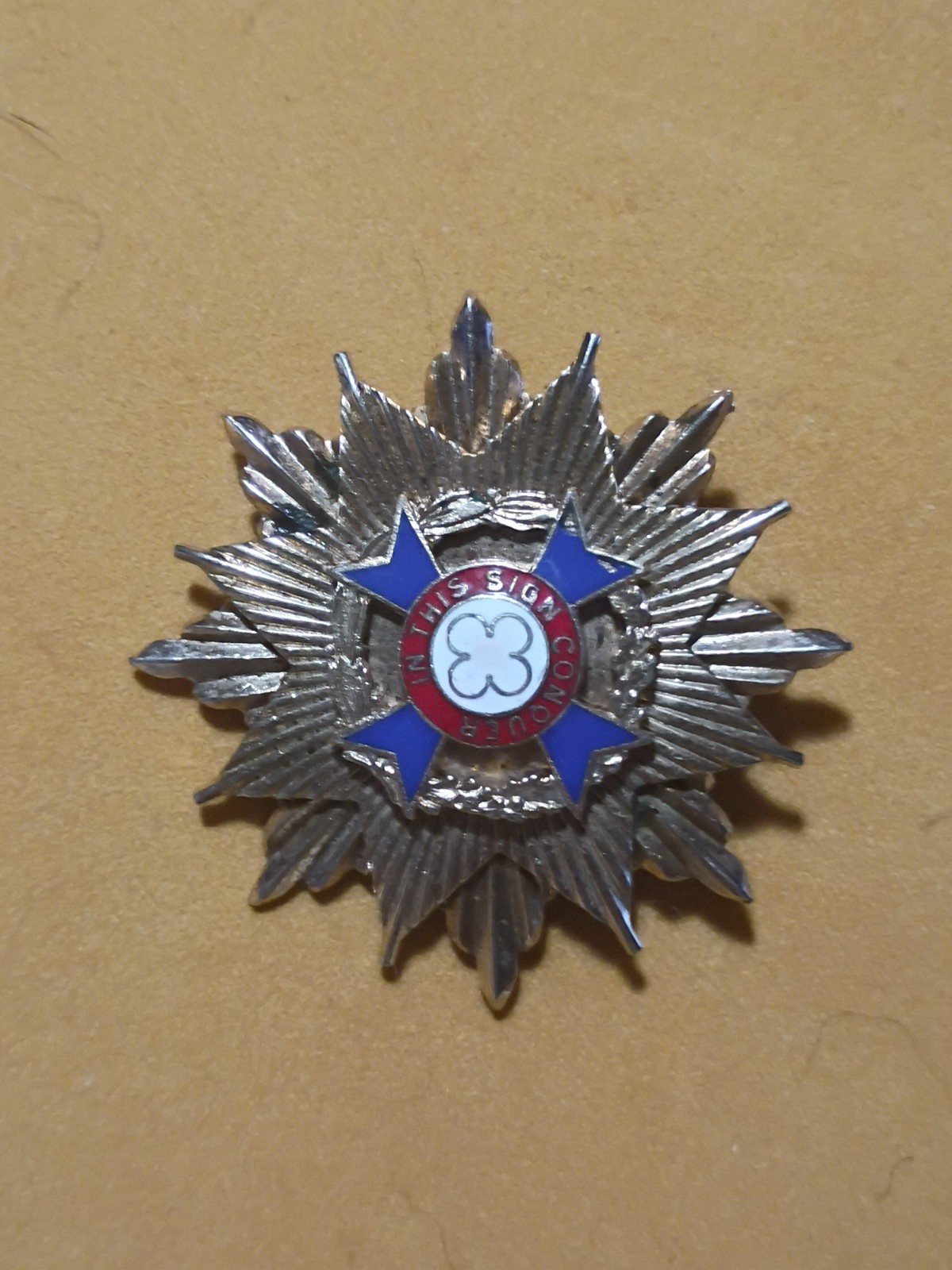 Breast Star Pin Great Britain” In This Sign Conquer” Gold Tone Vintage