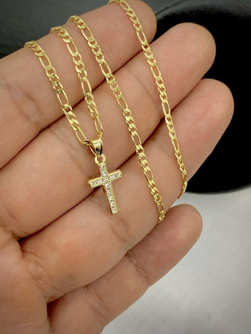 14K Gold Filled Tiny CZ Cross Pendant Necklace Womens 17x10mm Figaro Crucifix